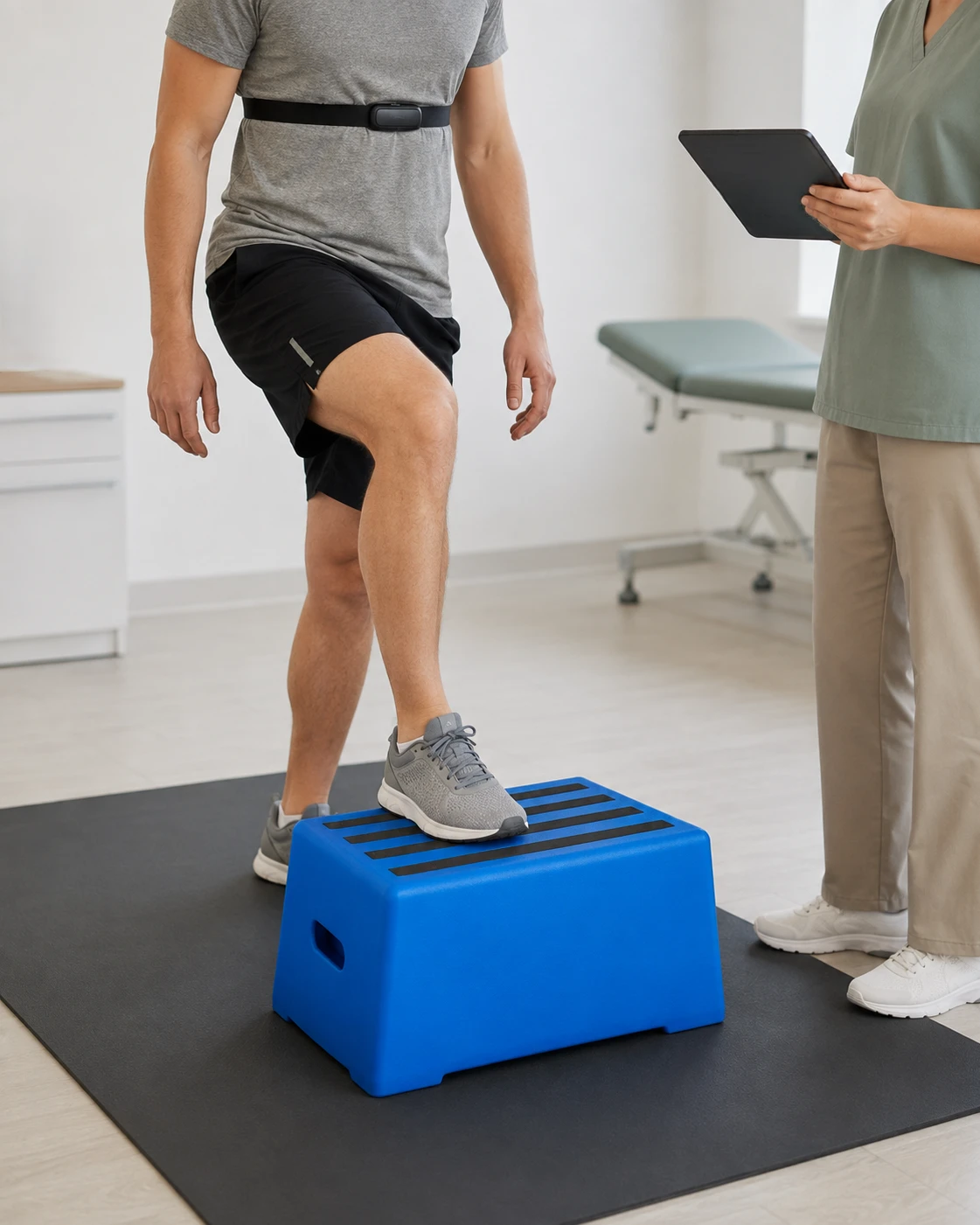 Pacjent wykonujący Chester Step Test pod nadzorem personelu medycznego w Szczecinie